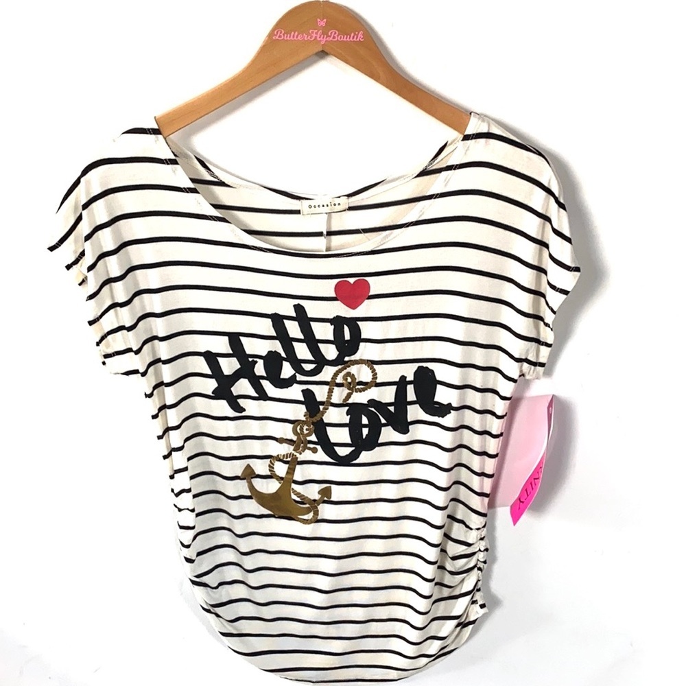 Occasion Maternity Striped “hello love”short‎ sleeve blouse, Size M